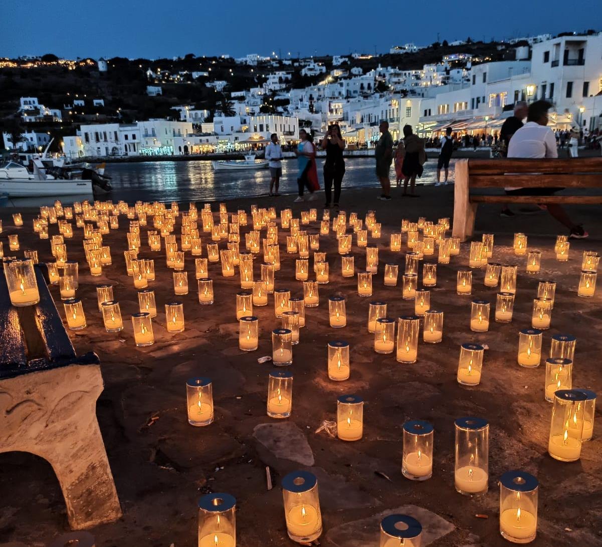Candlelit beach setting at dusk