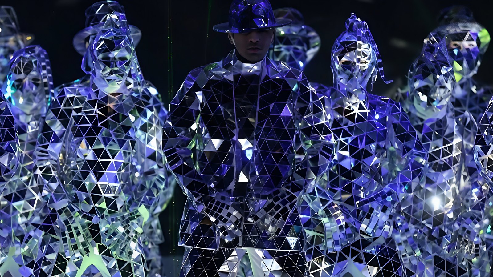 Dancers in mirrored costumes under stage lighting