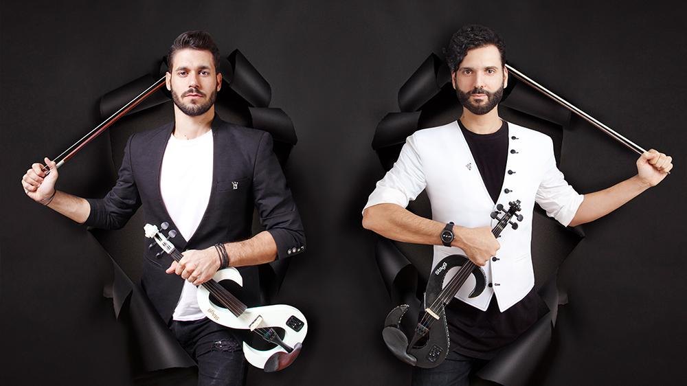 Electric violin duo with their instruments