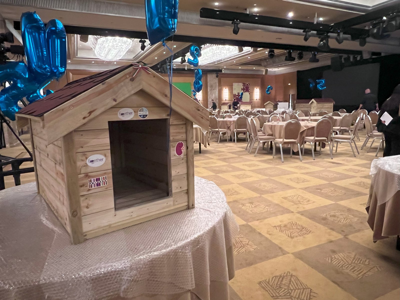 A completed wooden dog house in the activity venue