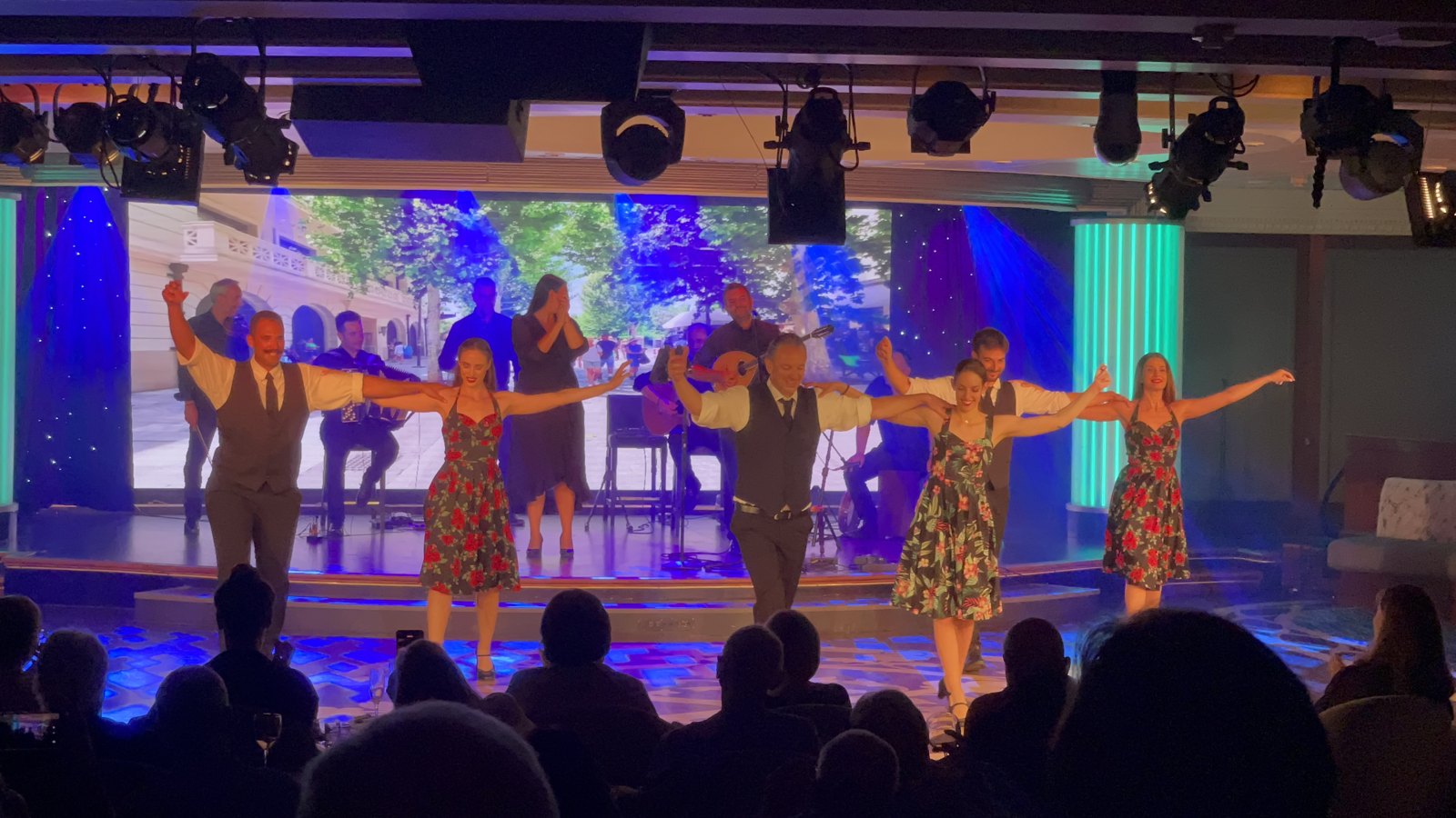 Dancers and musicians in the closing Greek music set