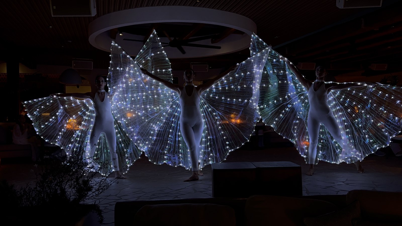 Dancers performing with white illuminated wings